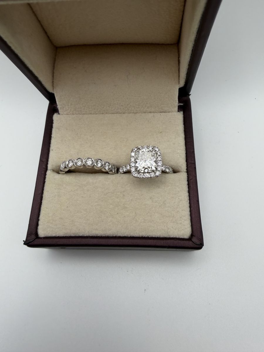 2.01ct Cushion Engagement Ring, G SI1, GIA, Custom Ari Diamonds Platinum setting; halo, pave band with an eternity wedding band