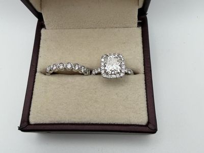 2.01ct Cushion Engagement Ring, G SI1, GIA, Custom Ari Diamonds Platinum setting; halo, pave band with an eternity wedding band