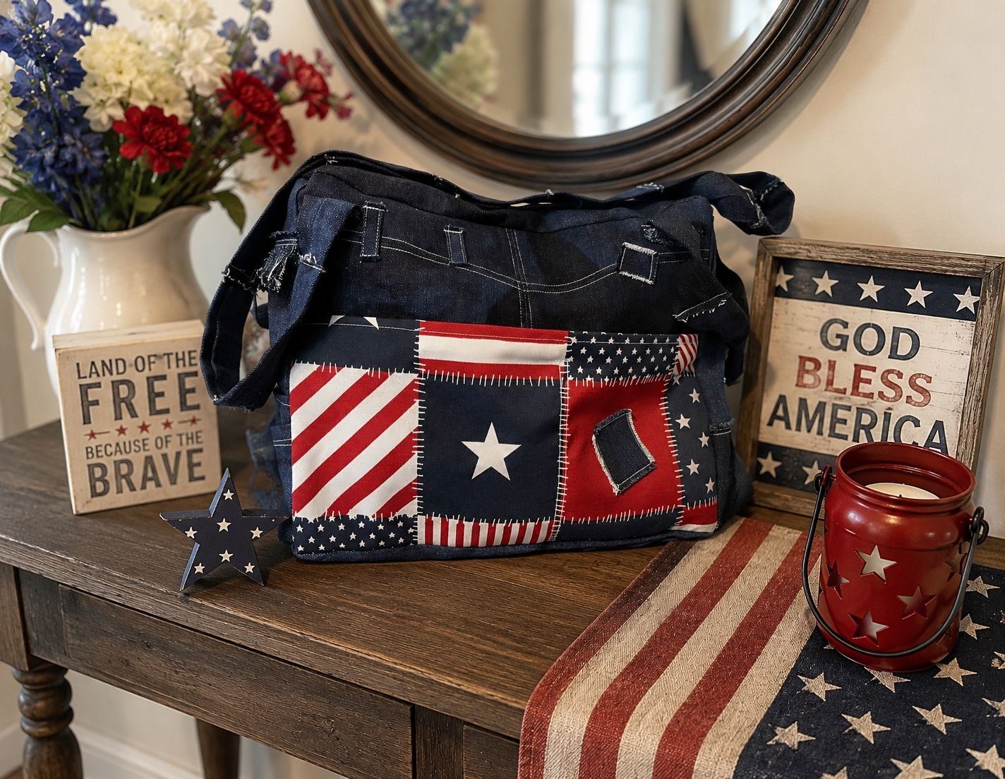 Handmade Patriotic Denim Patchwork Shoulder Bag - Upcycled Jean Purse with Flag Lining
