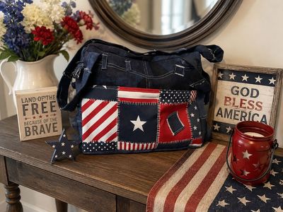 Handmade Patriotic Denim Patchwork Shoulder Bag - Upcycled Jean Purse with Flag Lining
