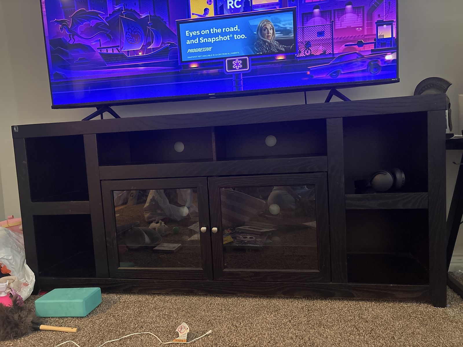 Dark Brown Wood TV Stand Media Console with Glass Doors and Storage Shelves