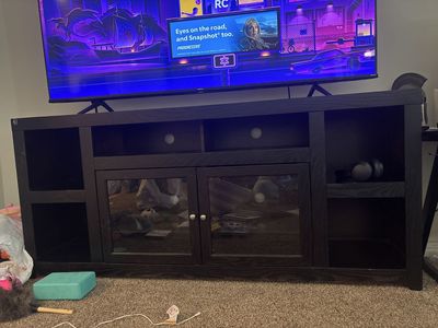 Dark Brown Wood TV Stand Media Console with Glass Doors and Storage Shelves