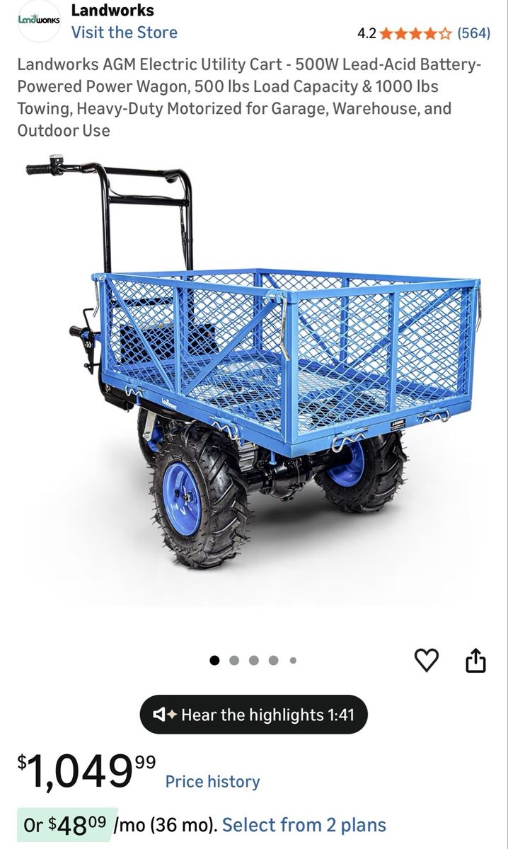 Landworks AGM Electric Utility Cart - 500W   New