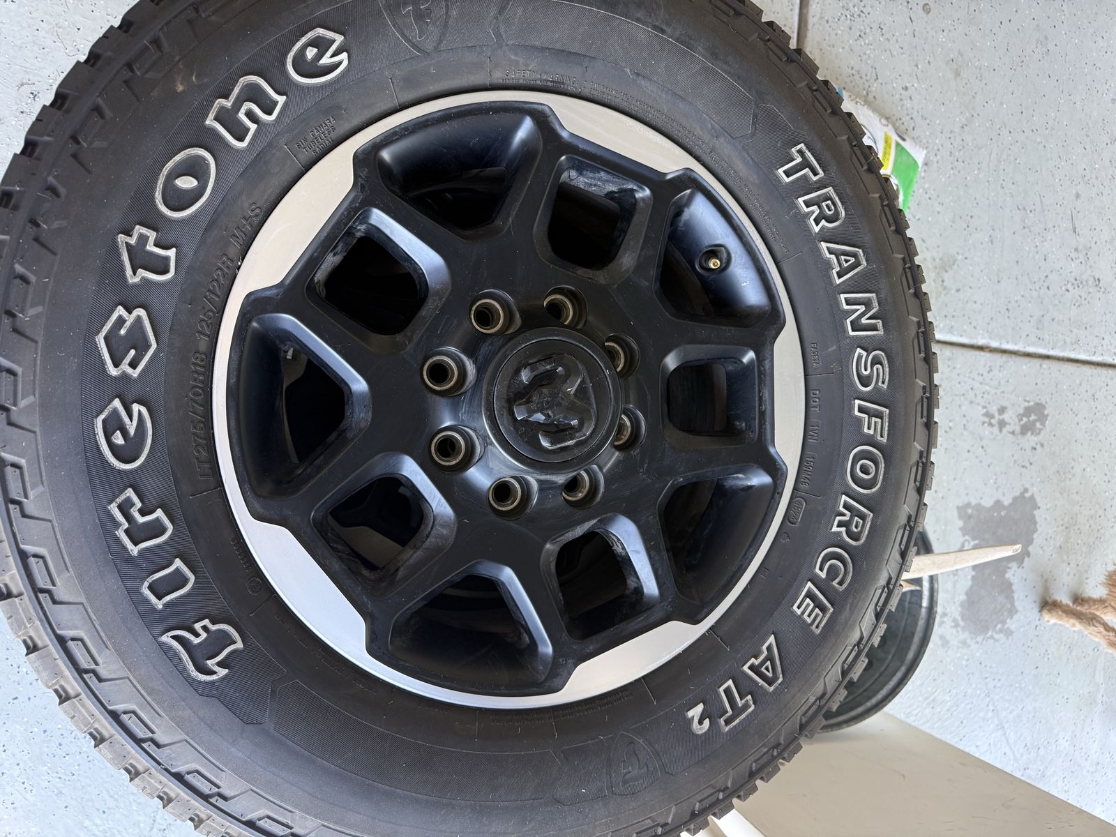 Firestone Transforce AT2 LT275/70R18 Tires & Wheels - Set of 4, M+S Rated, 125/122R. Stock 2025 Ram Wheels 8x6.5.