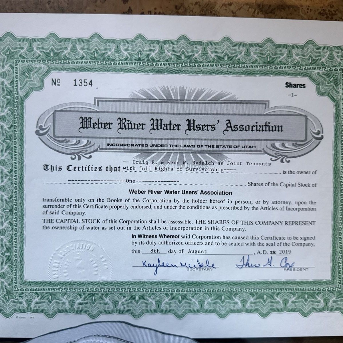 Weber River Water Users' Association Water Stock Certificate No. 1354 - 1 Share, 2019