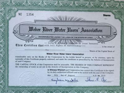 Weber River Water Users' Association Water Stock Certificate No. 1354 - 1 Share, 2019