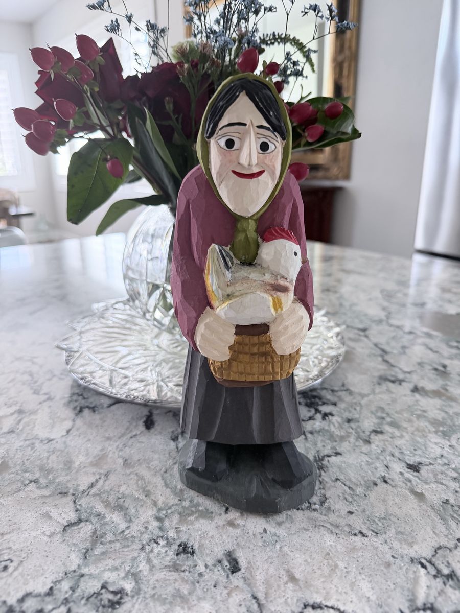 Hand Carved Wooden Figurine Woman Holding Chicken in Basket Folk Art