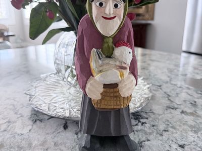 Hand Carved Wooden Figurine Woman Holding Chicken in Basket Folk Art
