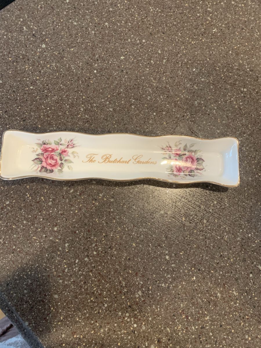 Vintage The Butchart Gardens Floral Porcelain Trinket Pen Dish Gold Trim