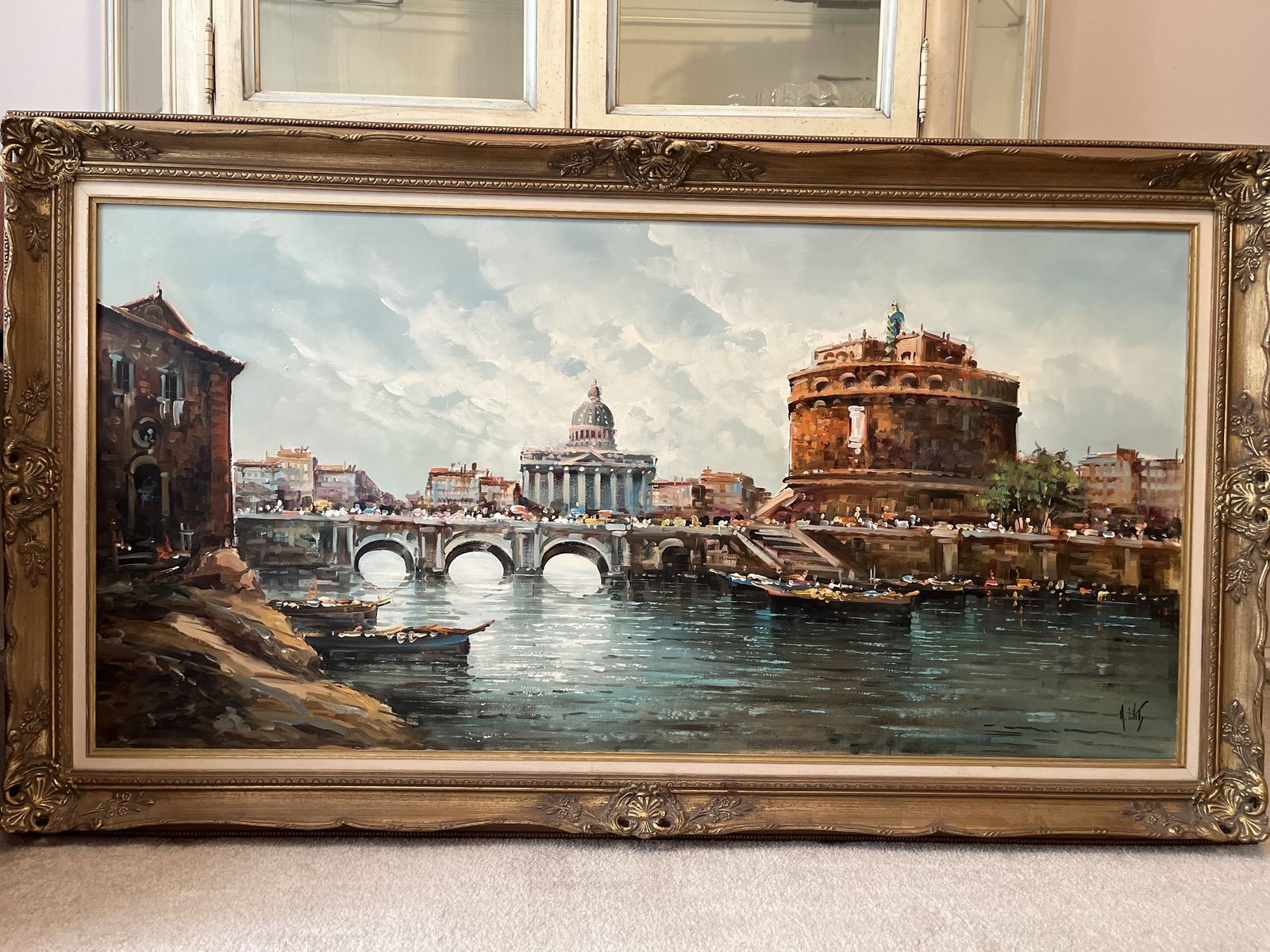 Large Vintage Italian Oil Painting Framed European Cityscape (Rome Scene)