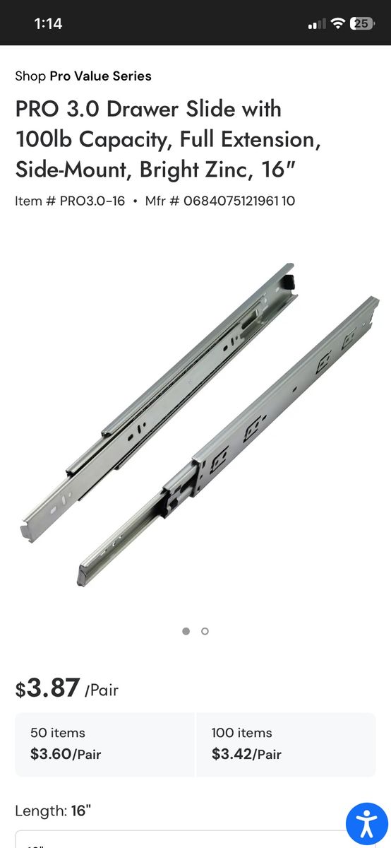 DRAWER SLIDES WURTH PRO 16 IN 500 PAIRS cabinet