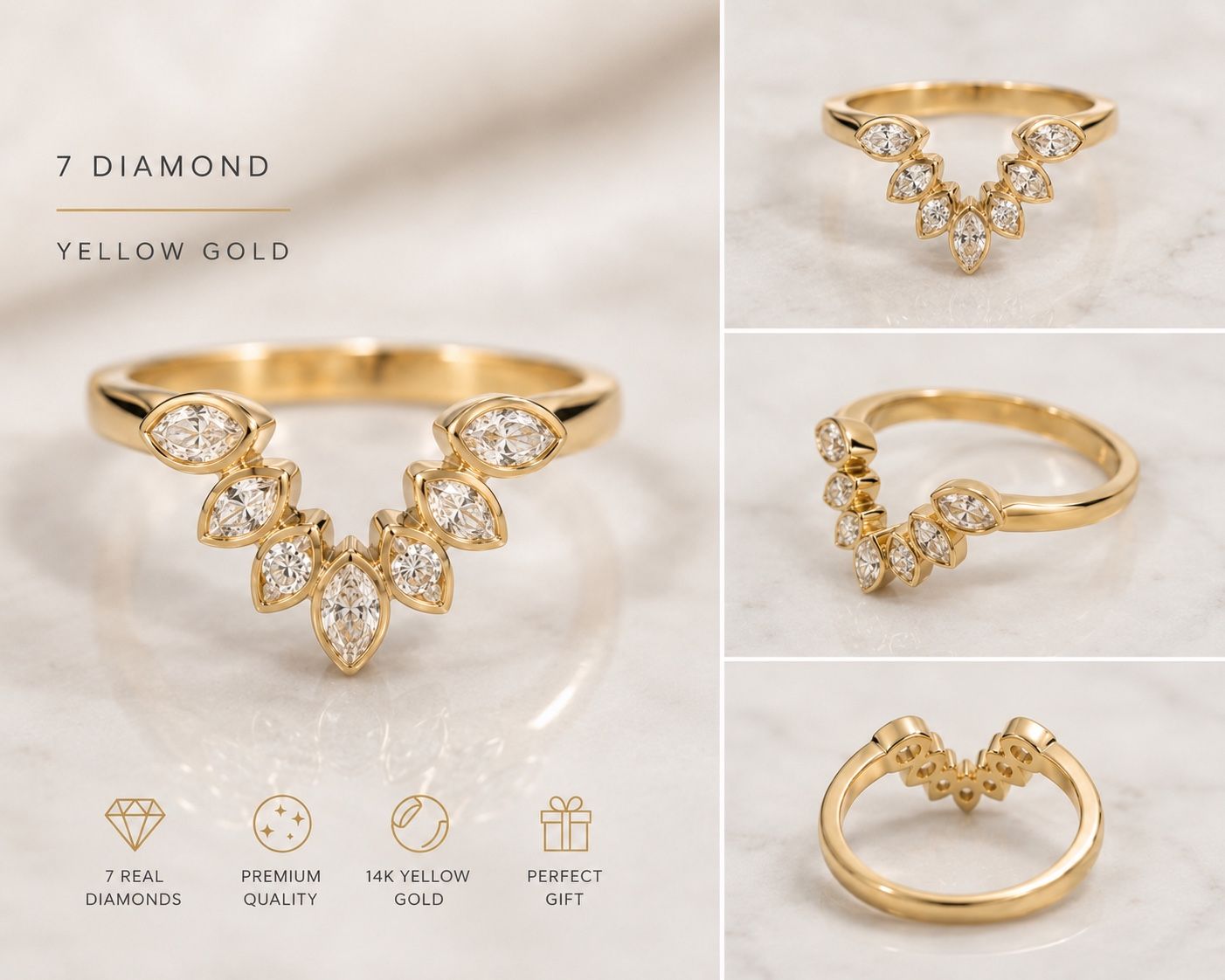 14K Yellow Gold 7 Diamond Curved Marquise Wedding Band Ring