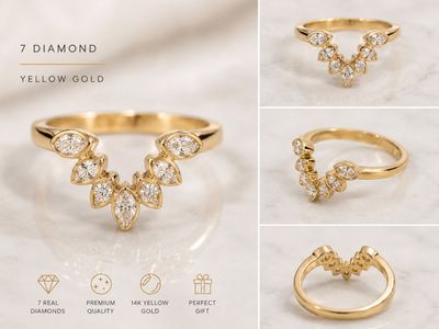 14K Yellow Gold 7 Diamond Curved Marquise Wedding Band Ring