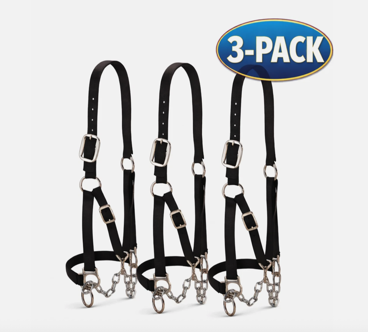 3-Pack Weaver Livestock Heavy Duty Black Halter Medium w/ Chain Lead Adjustable