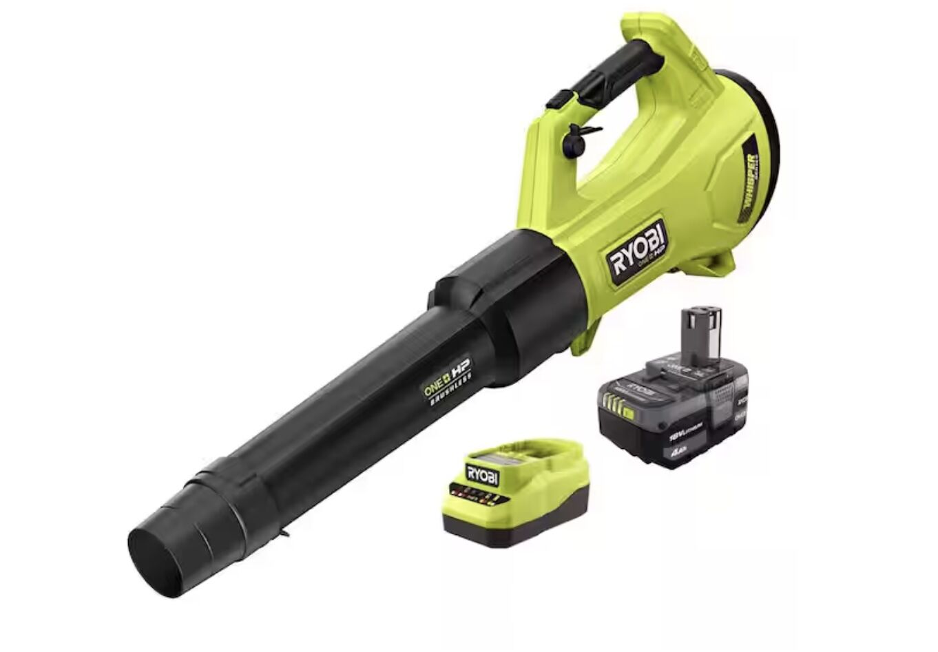 RYOBI ONE+ HP 18V Brushless Whisper Series 130 MPH 450 CFM Cordless Battery Leaf Blower with 4.0 Ah Battery and Charger