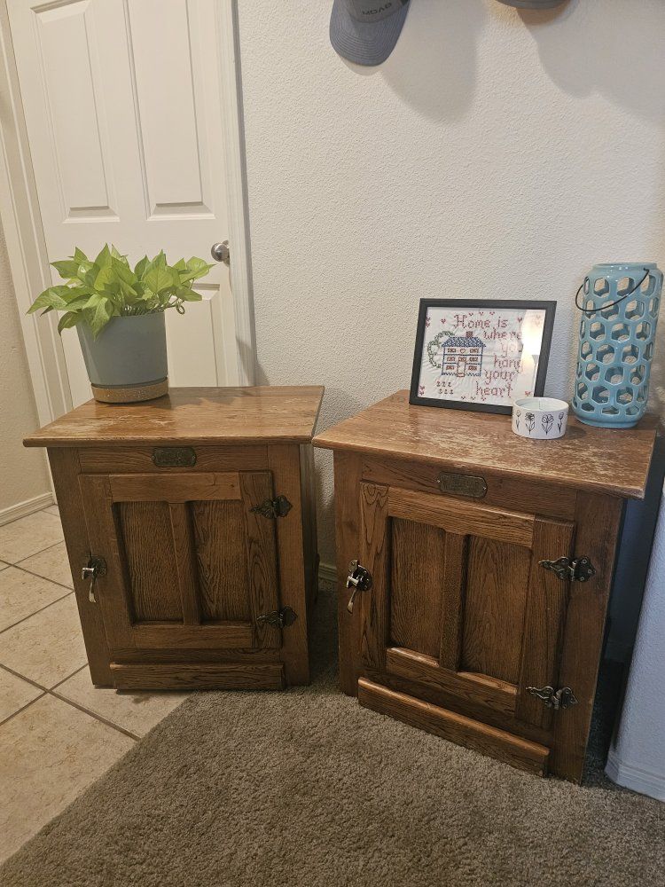 Vintage White Clad Oak Icebox End Tables Nightstands - Pair of 2