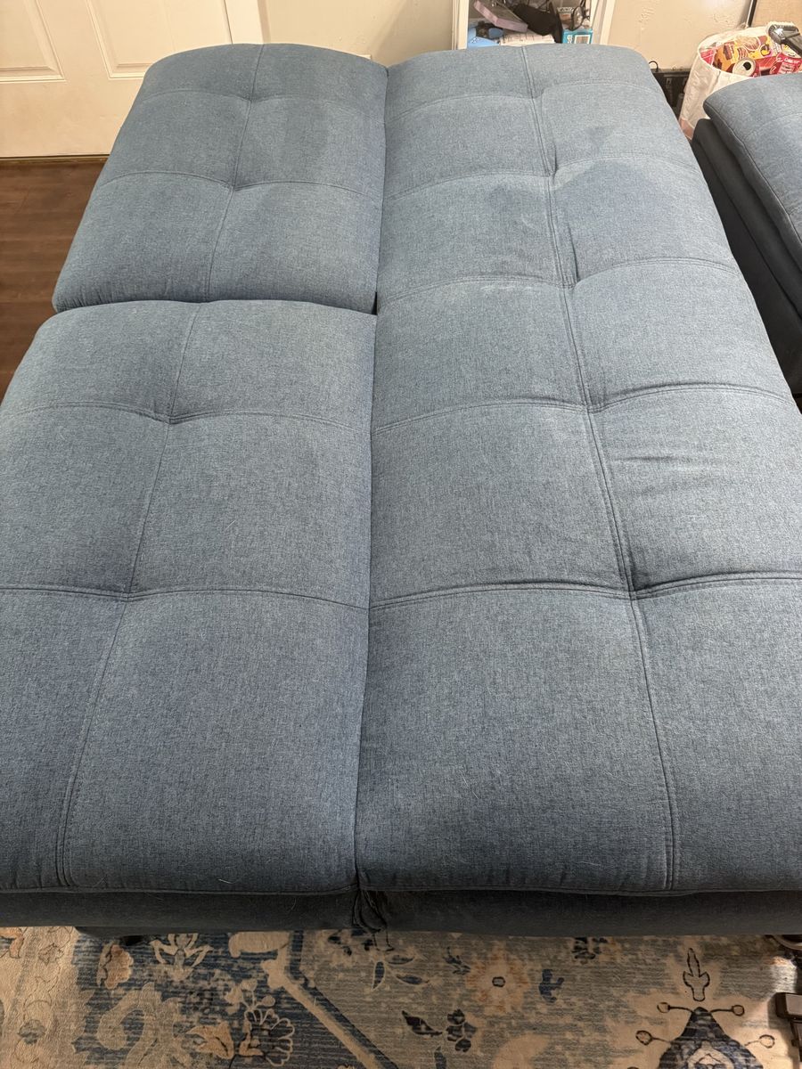 Blue Futon Couch with Tufted Fabric Upholstery