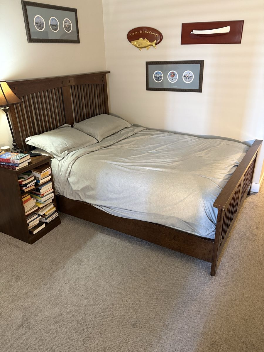 Queen size mattress, boxspring, and headboard and footboard