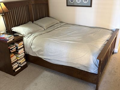 Queen size mattress, boxspring, and headboard and footboard