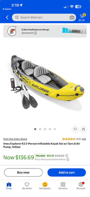 Inflatable 2 Person Kayak Intex Explorer K2 set w/oars & air pump