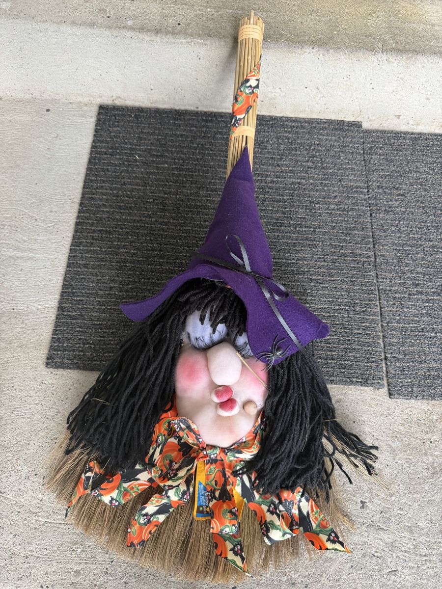 Halloween Witch Broom Wall Hanging Decoration with Purple Hat and Pumpkin Bow