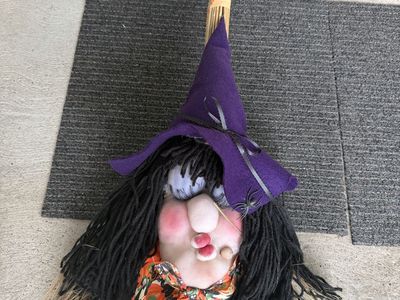 Halloween Witch Broom Wall Hanging Decoration with Purple Hat and Pumpkin Bow