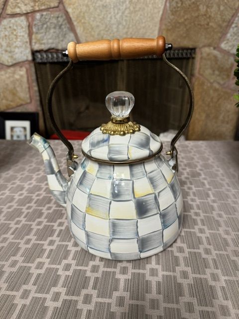 MacKenzie-Childs Enamel Tea Kettle 2qt Sterling Check Design with Wood Handle