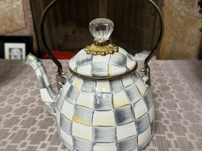MacKenzie-Childs Enamel Tea Kettle 2qt Sterling Check Design with Wood Handle