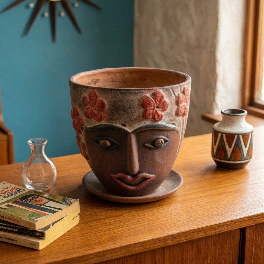 Vintage Mexican Folk Art Terracotta Face Planter