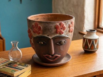 Vintage Mexican Folk Art Terracotta Face Planter