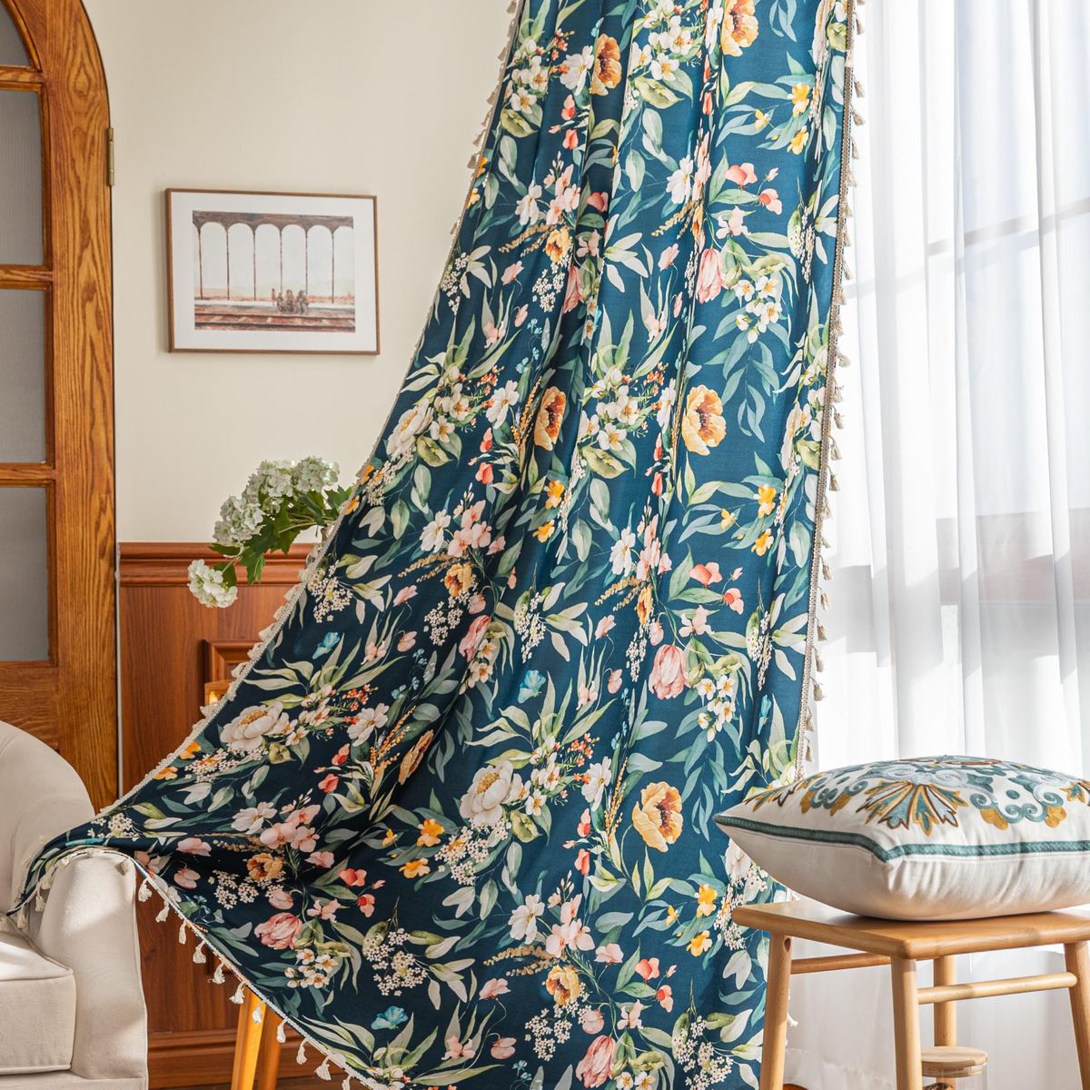 New! Erbnaryx Boho Floral Curtains French Country Farmhouse Curtains 63 Inches Long Light Filtering Window Rod Pocket Drapes