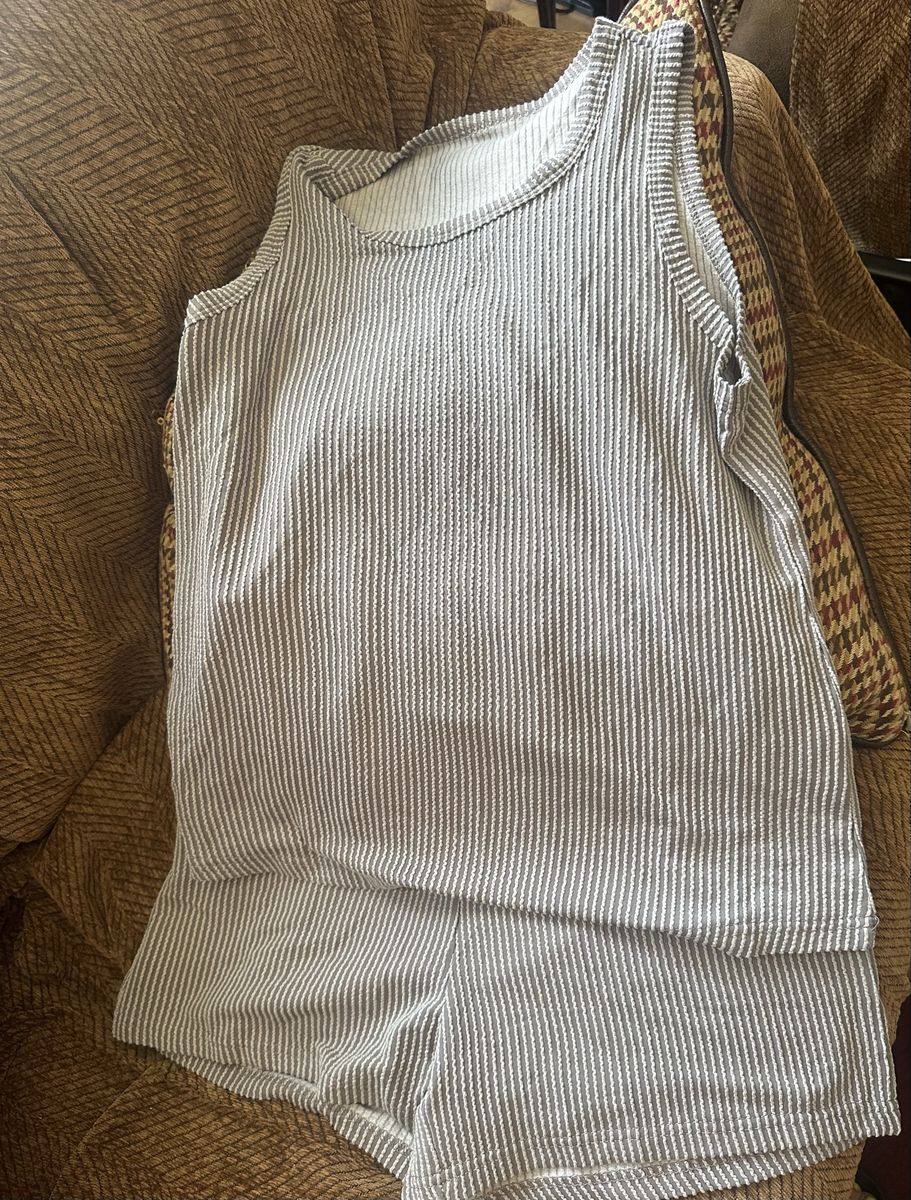 Adult Small Striped Sleeveless Ribbed Knit Top & Shorts Set - Gray & White Lounge Wear