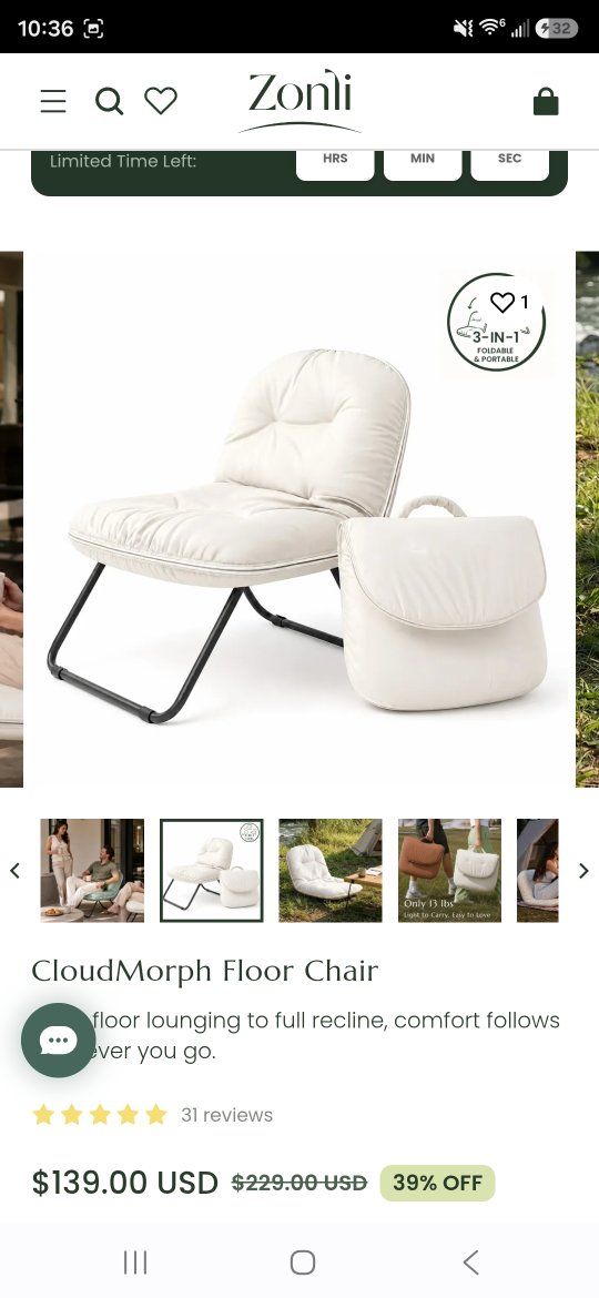 Zonli CloudMorph Portable Floor Chair - Ergonomic Recline, Body-Adapting Foam, 18" Deep Seat