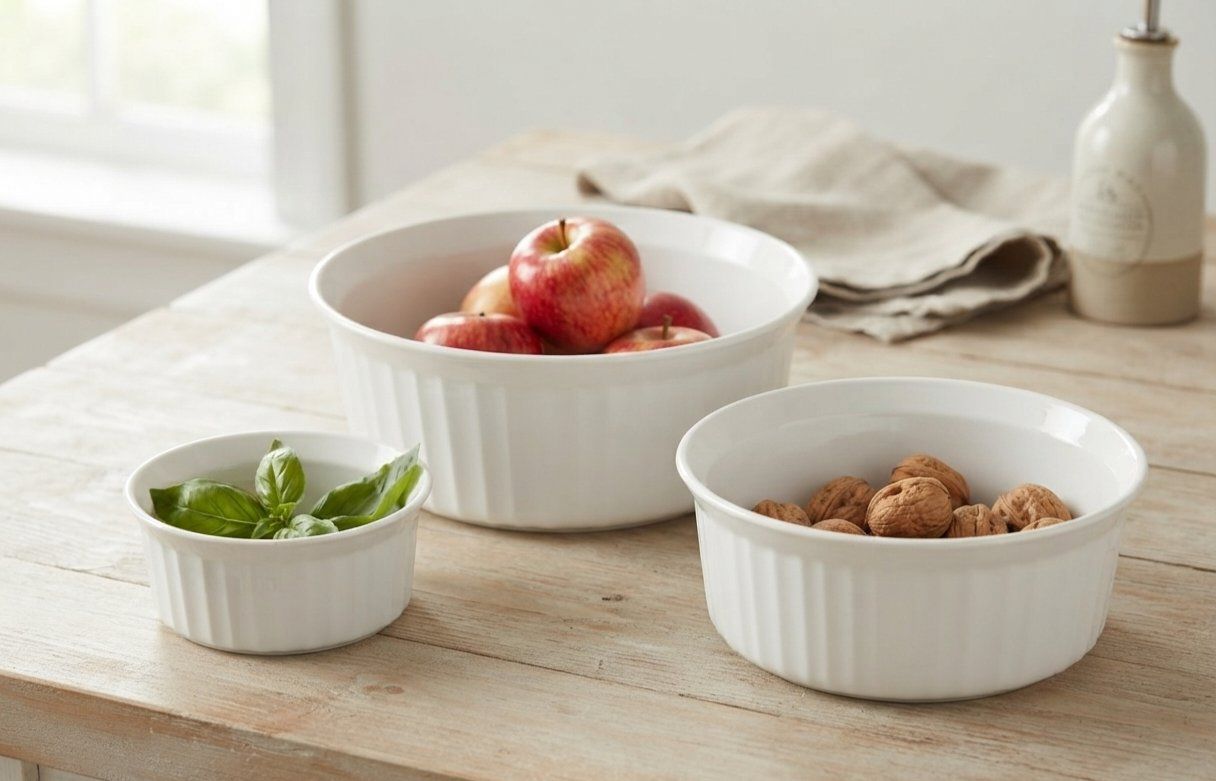 Nesting Set (3) Corning Ware Glossy Eggshell White Fluted Ramekin Serving Bowl Set (3 Sizes) - EUC