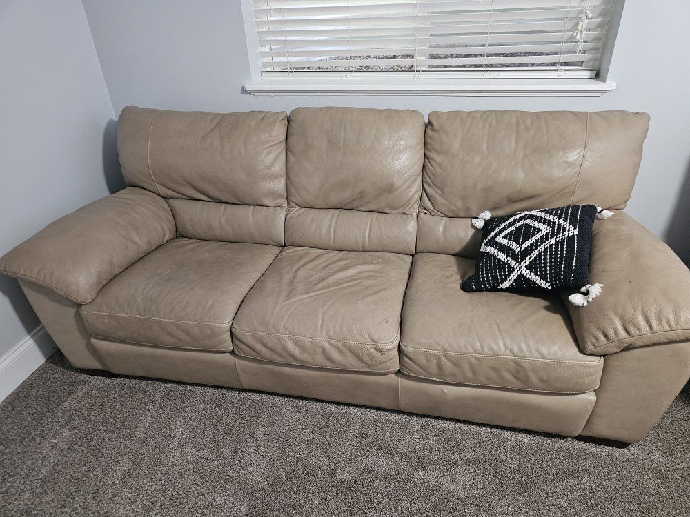 Beige Leather Sofa, Loveseat, & Ottoman Set - 3-Piece Living Room Furniture