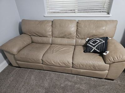 Beige Leather Sofa, Loveseat, & Ottoman Set - 3-Piece Living Room Furniture