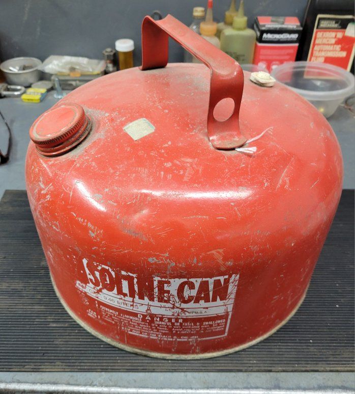 Vintage Red "GASOLINE CAN" Round Metal Fuel Container 1 Gallon (3.78 Liters)