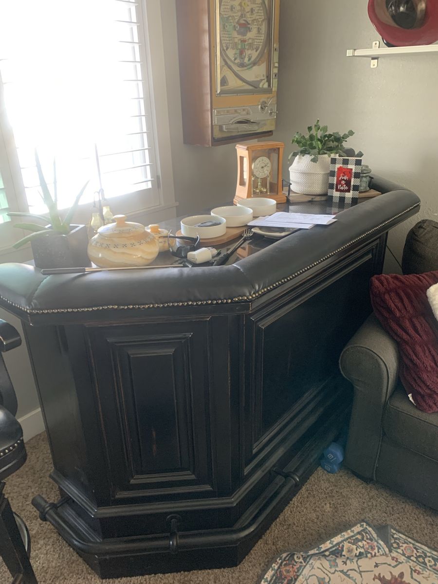 Dark Wood Home Bar Cabinet with Studded Leather Top - Entertain in Style