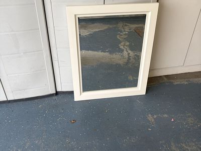 White Bathroom Vanity Set with Stone Top, Faucet, and Matching Framed Mirror
