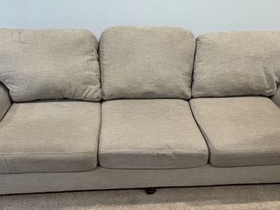 Comfortable 3-Seater Fabric Couch/Sofa - Neutral Beige/Tan, Gently Used Condition