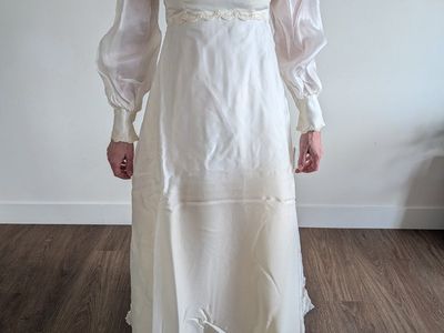 Vintage Ivory Wedding Dress - High Neck, Sheer Sleeves, Empire Waist, Lace Trim