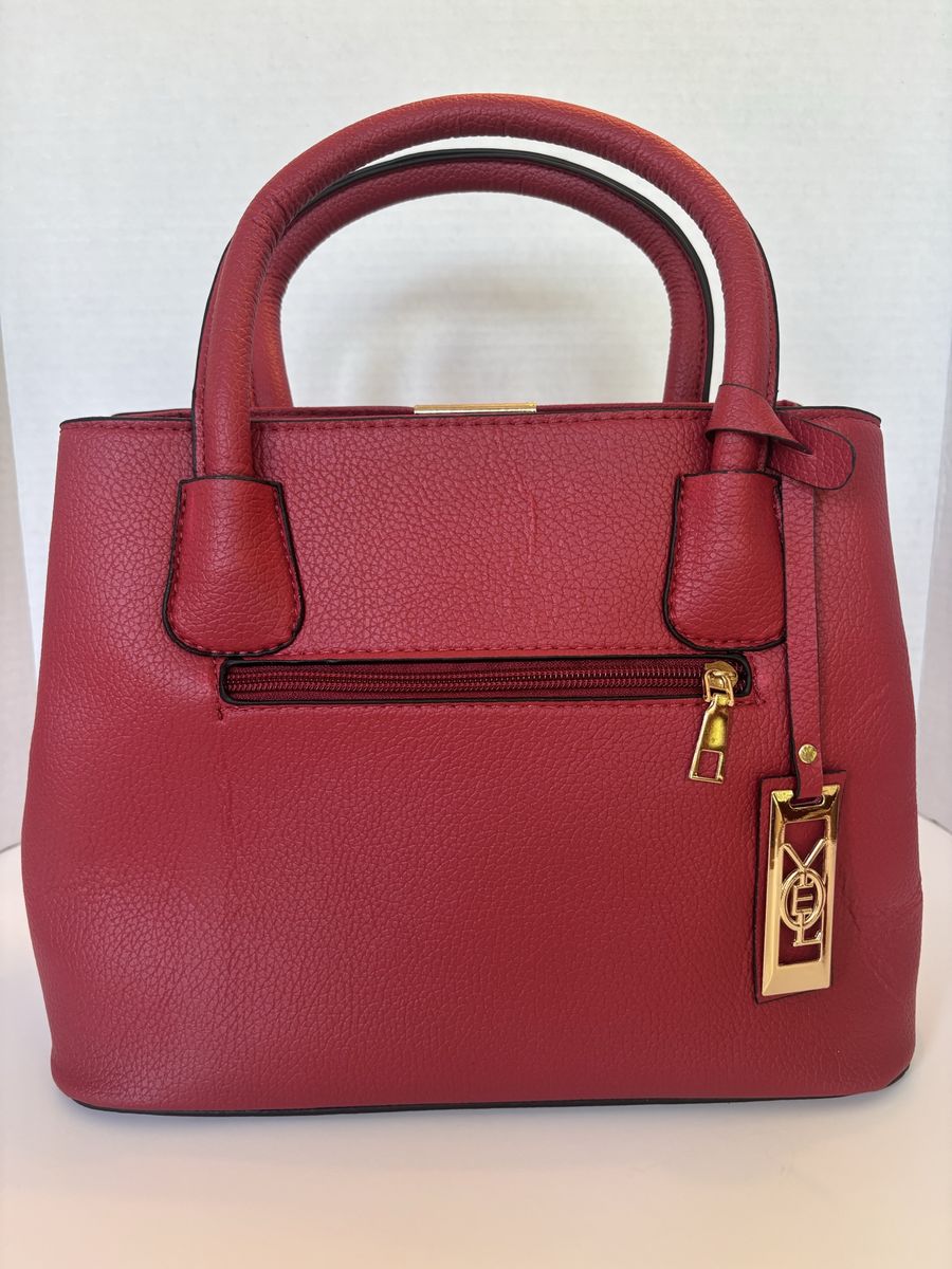 Red Structured Handbag Satchel with Gold Tone Hardware and Dual Top Handles