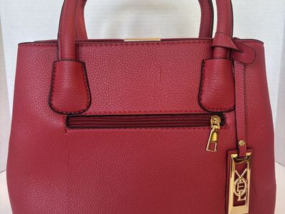 Red Structured Handbag Satchel with Gold Tone Hardware and Dual Top Handles