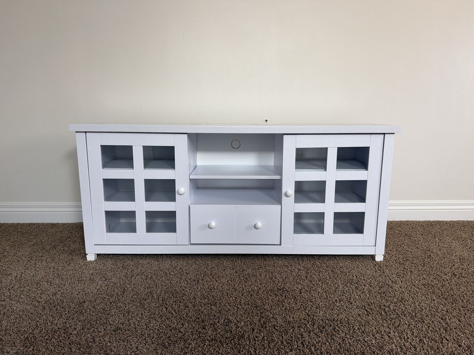 White Wood TV Stand Media Console with Glass Doors and Storage Drawer