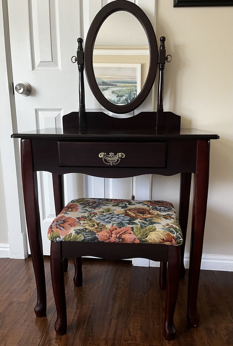 Dark Wood Vanity Table with Oval Swivel Mirror and Floral Stool