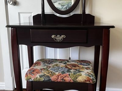 Dark Wood Vanity Table with Oval Swivel Mirror and Floral Stool