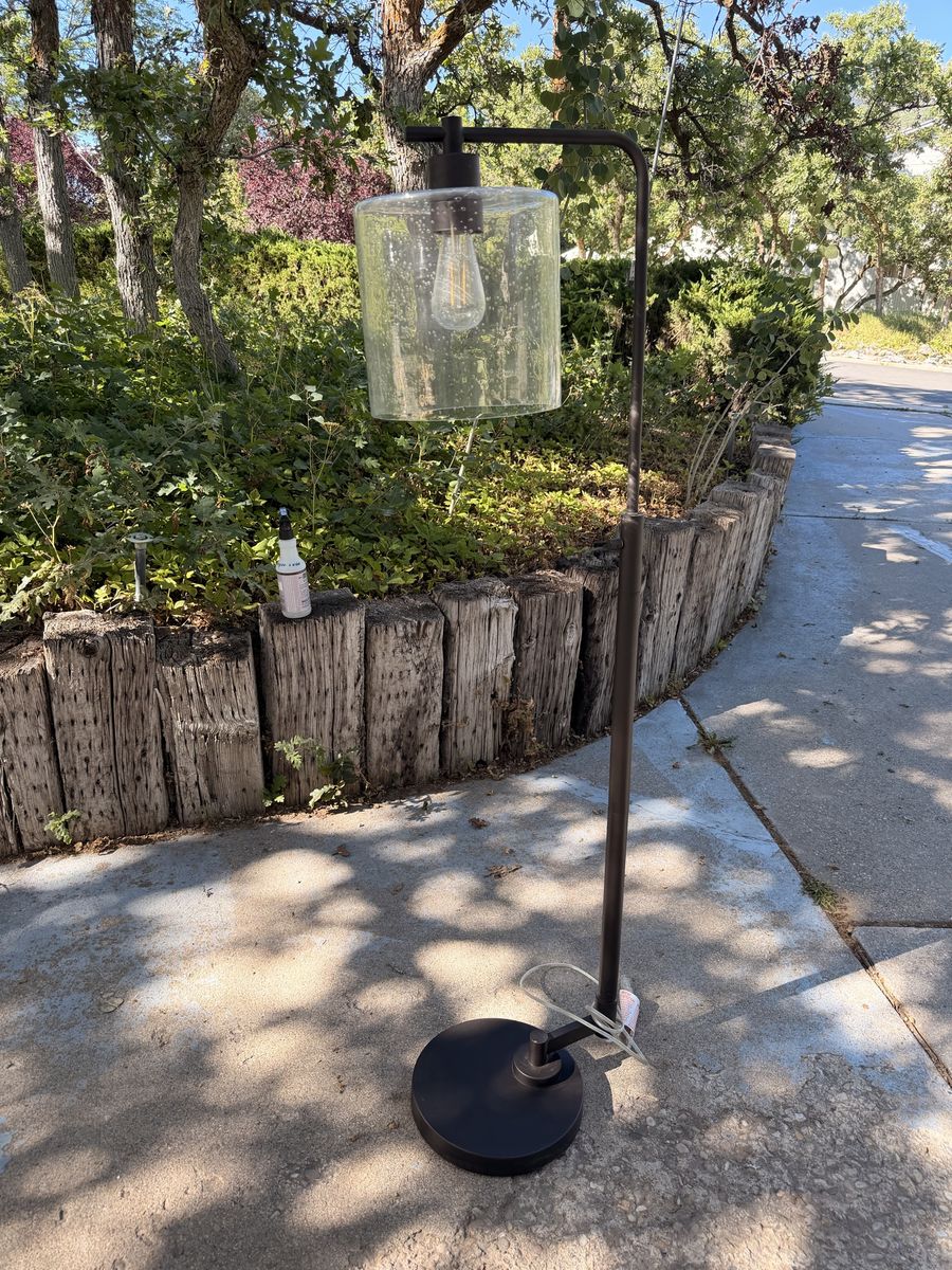 Industrial Style Floor Lamp with Seeded Glass Shade - Modern Dark Bronze Finish