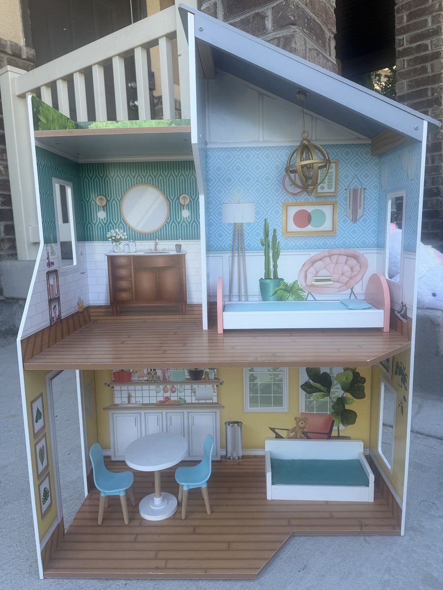 Wooden Dollhouse with Furniture Accessories 2-Story Wooden Playset and Barbie dolls