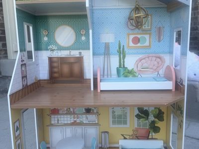 Wooden Dollhouse with Furniture Accessories 2-Story Wooden Playset and Barbie dolls