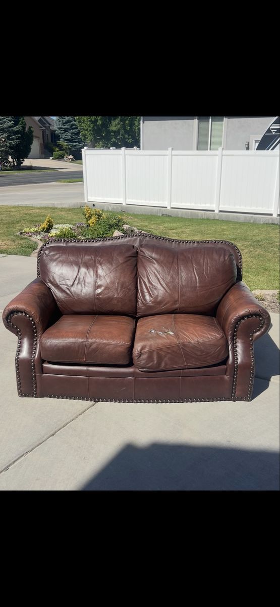 Brown Leather Nailhead Loveseat Sofa with Removable Wooden Bun Feet